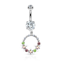 AB Crystal Flowers and Multi Coloured Gems Set Circle Dangle Double Jewelled Navel 