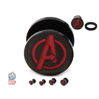Screw Fit Black PVD Plated Steel Plug with Red Enamel Avengers Logo Front