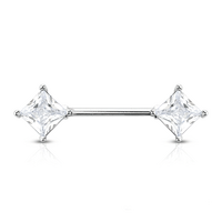 Clear Prong Set Rhombus Jewelled Silver Plated Decorative Fashion Nipple Barbell