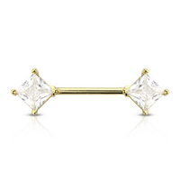 Clear Prong Set Rhombus Jewelled Gold Plated Decorative Fashion Nipple Barbell