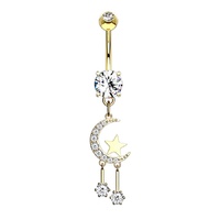Crescent Moon and Star with Round CZ Dangle Gold Plated Fashion Navel : 1.6mm (14ga) x 10mm