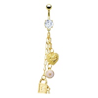 Charmed Hanging Chain Dangle Prong Set Gold Plated Fashion Navel : 1.6mm (14ga) x 10mm