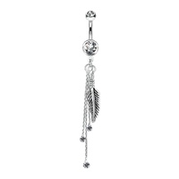 Feather and Jewelled Chain Dangle Plated Fashion Navel : 1.6mm (14ga) x 10mm