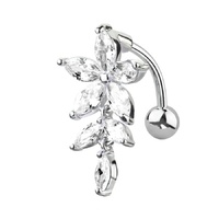 Clear Crystal Flower Vertical Drop Jewelled Dangle Plated Fashion Navel : 1.6mm (14ga) x 10mm