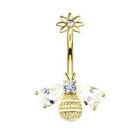 Bee and Flower Internally Threaded Jewelled Gold Plated Fashion Navel : 1.6mm (14ga) x 10mm