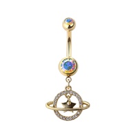 Saturn and Star Jewelled Dangle Gold Plated Fashion Navel : 1.6mm (14ga) x 10mm