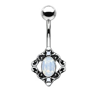 Filigree White Water Opal Vintage Silver Burnished Plated Fashion Navel : 1.6mm (14ga) x 10mm