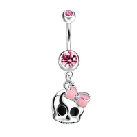 Cute Skull with Pink Enamel Bow Dangle Plated Fashion Navel : 1.6mm (14ga) x 10mm