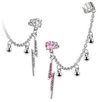 Stud Earring with Chain & Balls with Clear CZ Thunder Bolt Non-Piercing Cuff