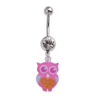 Pink Owl Charm Fashion Navel : 1.6mm (14ga) x 10mm x Clear Crystal