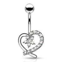 Jewelled Hollow Heart with CZ Flower Center Navel