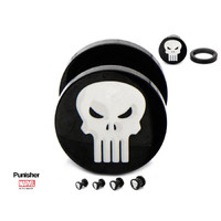 Screw Fit Black PVD Plated Steel Plug with White Enamel Punisher Logo Front