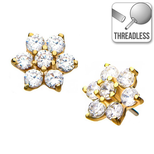 Invictus Threadless 14ct Yellow Gold Prong Set Gem Flower : Clear Crystal