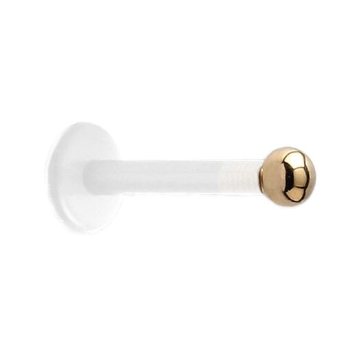 18ct Gold Bioplast labret with Push in Gold Ball : 1.2mm (16ga) x 8mm x 2mm Ball