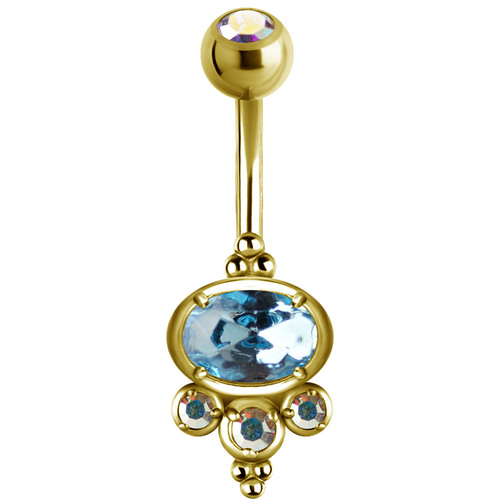 Bright Gold PVD Double Jewelled Oval Bead Cluster Navel : 1.6mm (14ga) x 10mm x Metalic Blue