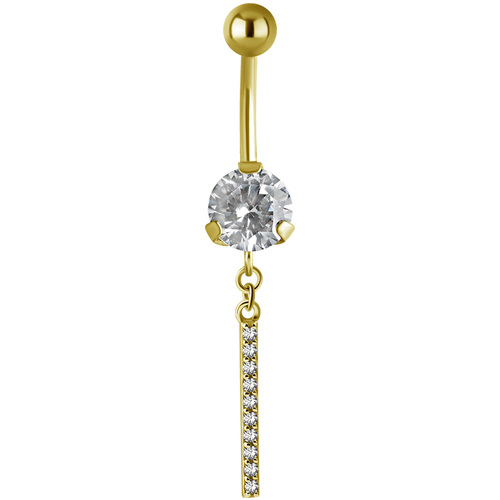 Bright Gold PVD Jewelled Hanging Bar Navel : 1.6mm (14ga) x 10mm x Clear Crystal
