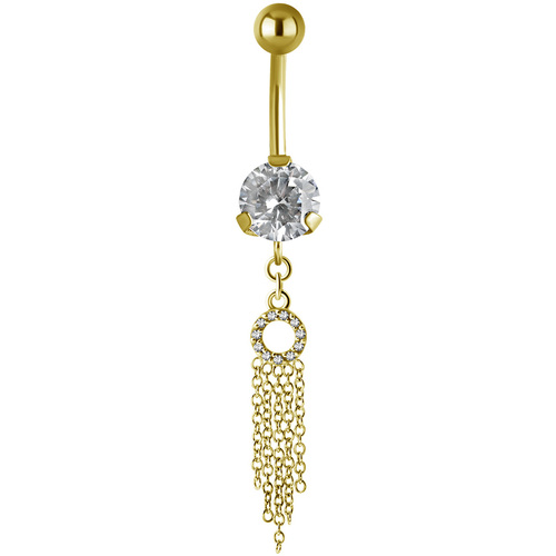 Bright Gold PVD Jewelled Hanging Multi Chain Navel : 1.6mm (14ga) x 10mm x Clear Crystal