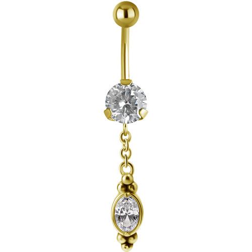 Bright Gold PVD Jewelled Hanging Oval Navel : 1.6mm (14ga) x 10mm x Clear Crystal