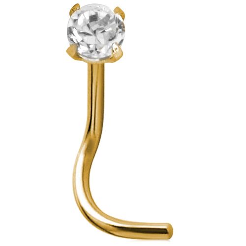 Bright Gold PVD Prong Set Nose Stud : 0.8mm (20ga) 3mm Clear Crystal