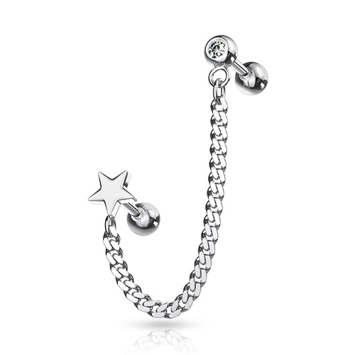Steel Jewelled Barbell with Chain Linked Symbol : 1.2mm (16ga) x 6mm x Star