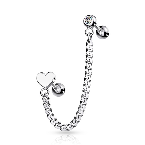 Steel Jewelled Barbell with Chain Linked Symbol : 1.2mm (16ga) x 6mm x Heart