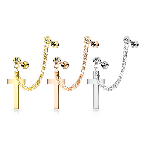 Steel Jewelled Barbell with Double Chain Linked Cross : 1.2mm (16ga) x 6mm x Bright Gold
