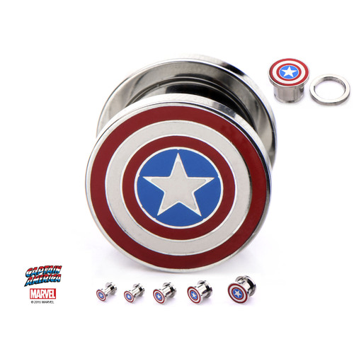 Screw Fit Steel Plug with Enamel Captain America Logo Front