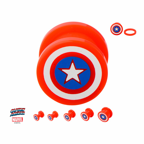 Screw Fit Red Acrylic Plug with Captain America Logo Front : 6mm