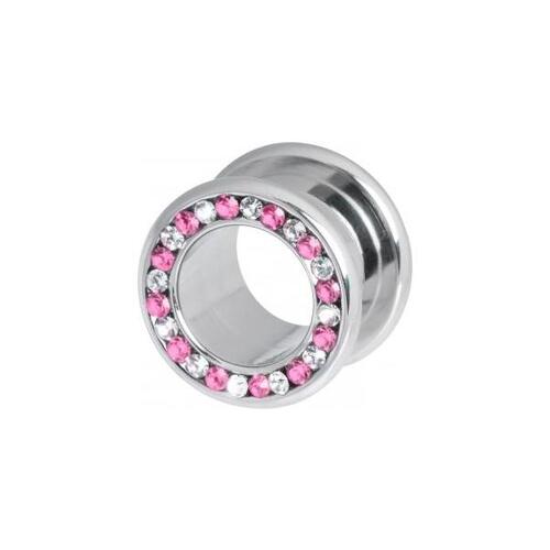 Steel Basicline® Pink & Clear Channel Set Jewelled Tunnel : 12mm x Pink/Clear Crystal
