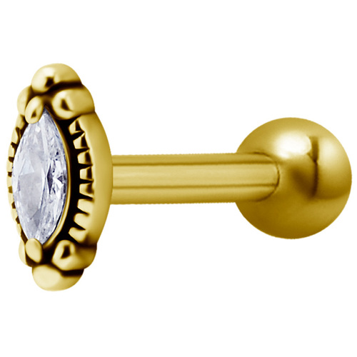 Bright Gold Internally Threaded Antique Jewelled Marquise Micro Barbell : 1.2mm (16ga) x 6mm Clear Crystal