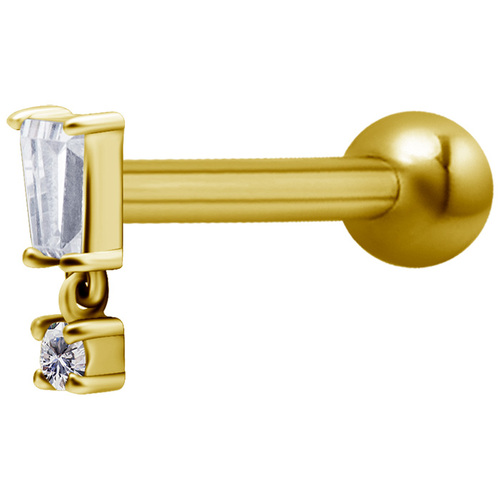 Bright Gold Internally Threaded Jewelled Baguette Charm Micro Barbell : 1.2mm (16ga) x 6mm Clear Crystal
