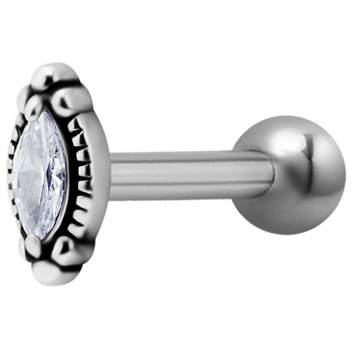 Surgical Steel Internally Threaded Antique Jewelled Marquise Micro Barbell : 1.2mm (16ga) x 6mm Clear Crystal