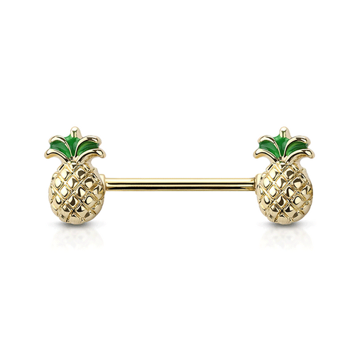 Pineapple Gold Plated Decorative Fashion Nipple Barbell : 1.6mm (14ga) x 14mm
