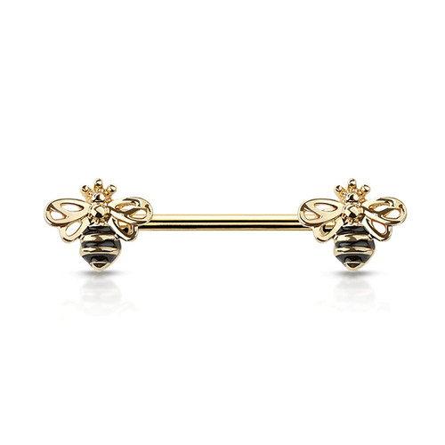 Queen Bee Gold Plated Decorative Fashion Nipple Barbell : 1.6mm (14ga) x 14mm