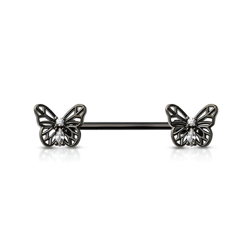 Micro Jewelled Butterfly Black Plated Decorative Fashion Nipple Barbell : 1.6mm (14ga) x 14mm CZ