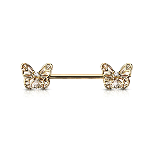 Micro Jewelled Butterfly Gold Plated Decorative Fashion Nipple Barbell : 1.6mm (14ga) x 14mm CZ