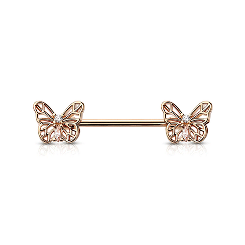 Micro Jewelled Butterfly Rose Gold Plated Decorative Fashion Nipple Barbell : 1.6mm (14ga) x 14mm CZ