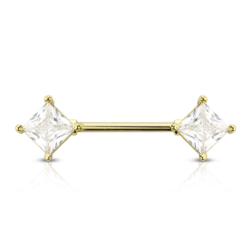 Clear Prong Set Rhombus Jewelled Gold Plated Decorative Fashion Nipple Barbell : 1.6mm (14ga) x 14mm CZ