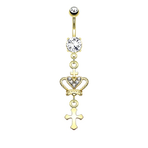 Crown and Cross Jewelled Dangle Gold Plated Fashion Navel : 1.6mm (14ga) x 10mm