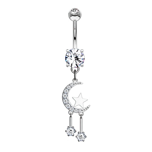 Crescent Moon and Star with Round CZ Dangle Plated Fashion Navel : 1.6mm (14ga) x 10mm