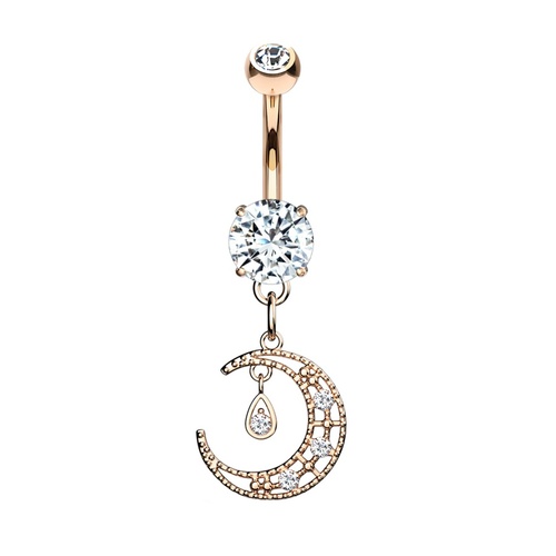 Crescent Moon Micro Jewelled Dangle Rose Gold Plated Fashion Navel : 1.6mm (14ga) x 10mm