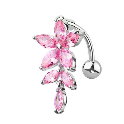 Pink Crystal Flower Vertical Drop Jewelled Dangle Plated Fashion Navel : 1.6mm (14ga) x 10mm