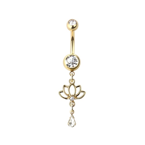 Hanging Lotus Jewelled Dangle Gold Plated Fashion Navel : 1.6mm (14ga) x 10mm