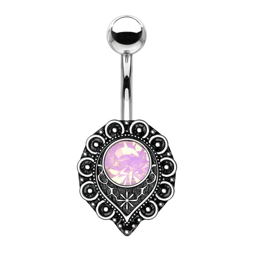 Filigree Pink Water Opal Vintage Silver Burnished Plated Fashion Navel : 1.6mm (14ga) x 10mm