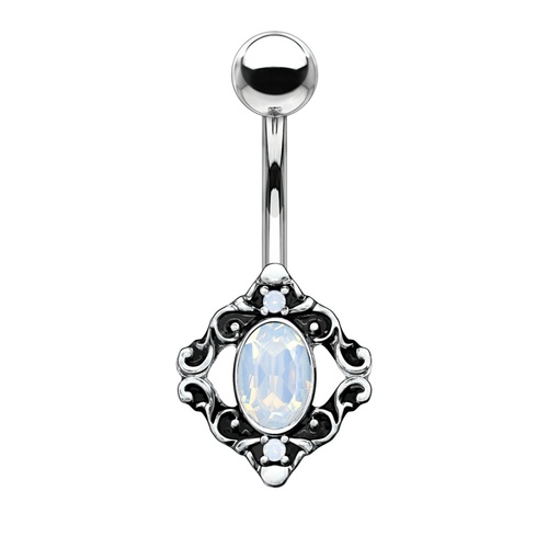 Filigree White Water Opal Vintage Silver Burnished Plated Fashion Navel : 1.6mm (14ga) x 10mm