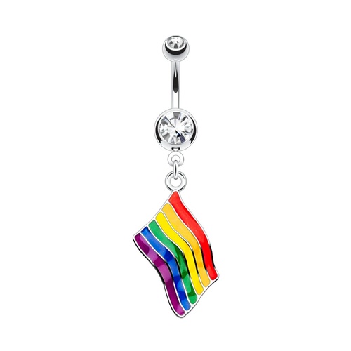 Rainbow Flag Pride Jewelled Dangle Plated Fashion Navel : 1.6mm (14ga) x 10mm