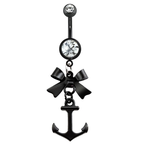Bow and Anchor Dangle Black Plated Fashion Navel : 1.6mm (14ga ) x 10mm