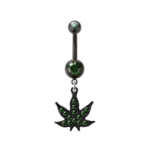 Green Jewelled Marijuana Pot Leaf Dangle Black Plated Fashion Navel : 1.6mm (14ga) x 10mm
