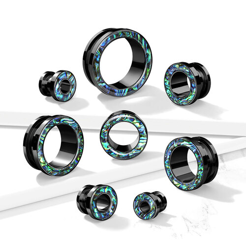Abalone Rimmed Black PVD over 316L Surgical Steel Scew Fit Tunnel - 6mm
