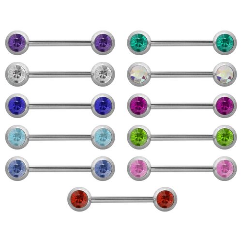 Double Jewelled Nipple Bars : 1.6mm (14ga) x 10mm x 4mm Balls x Crystal AB